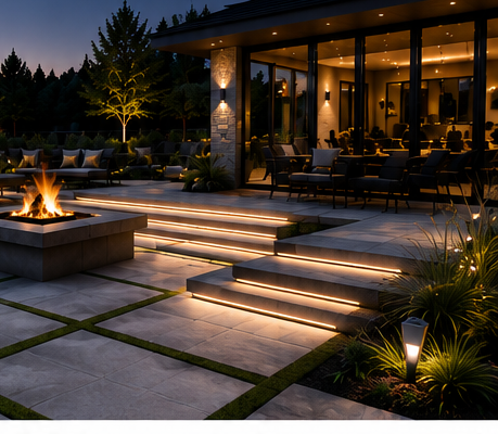 Modern concrete patio at twilight